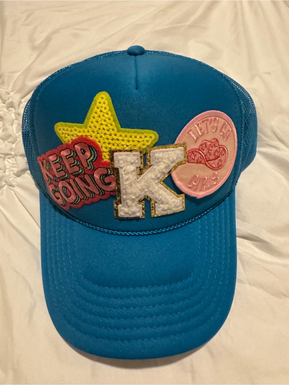Blue Patchwork Trucker Hat with Colorful Embroidered Patches